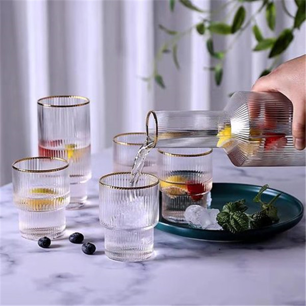 Gentle Ribbed Design Hand Made Glass Tumblers Hiball Glass & Carafes, Gold Rimmed Vertical Line Design Tumbler Hiball Glass & Decanters